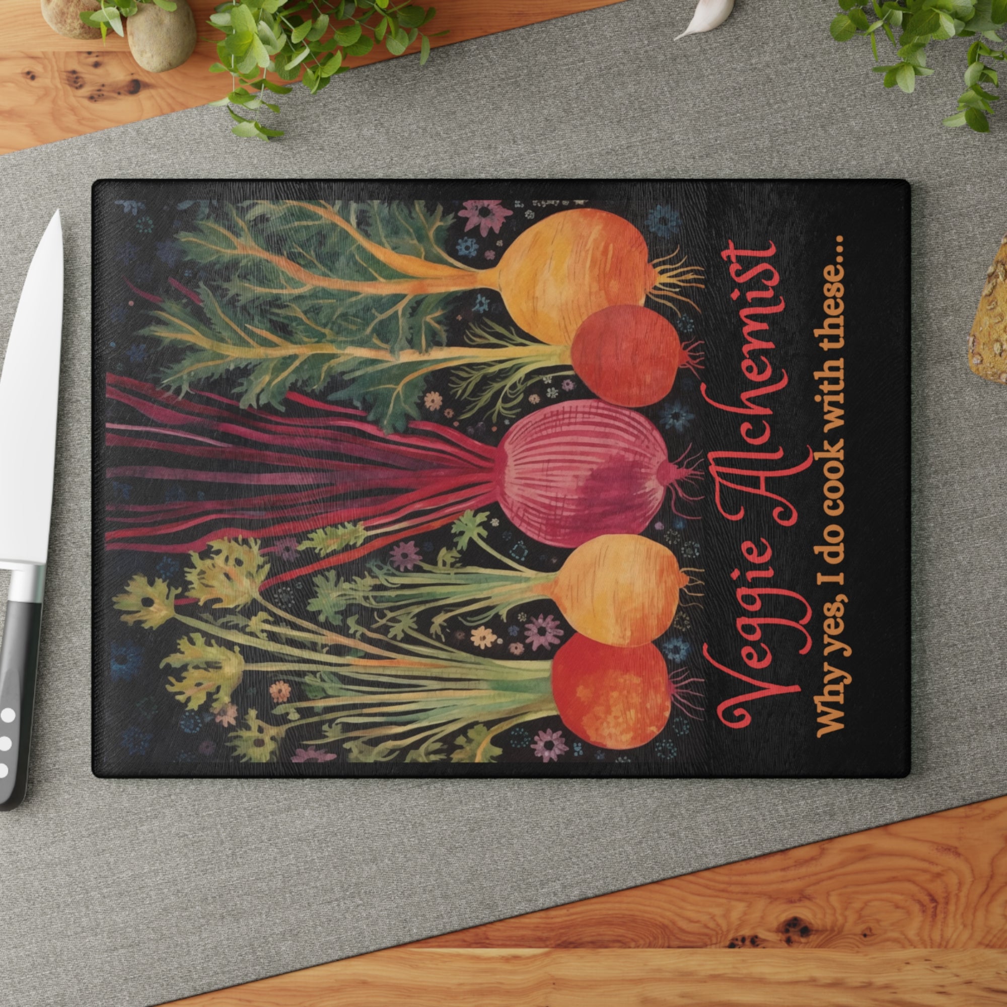 Glass Cutting Board - Veggie Alchemist - Personalization Optional