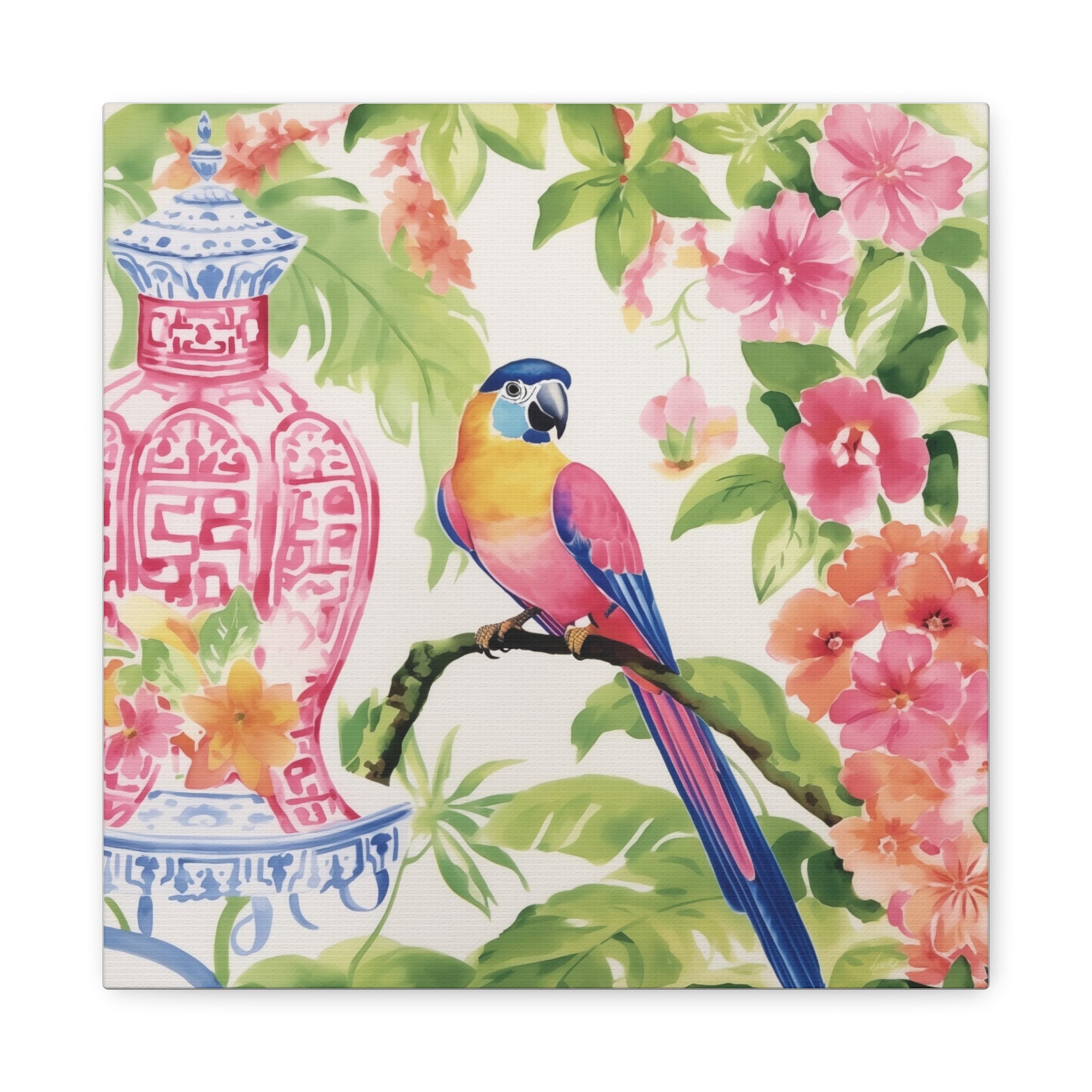 Parrot, Hibiscus and Chinoiserie - Available in 4 Sizes - Matte Canvas