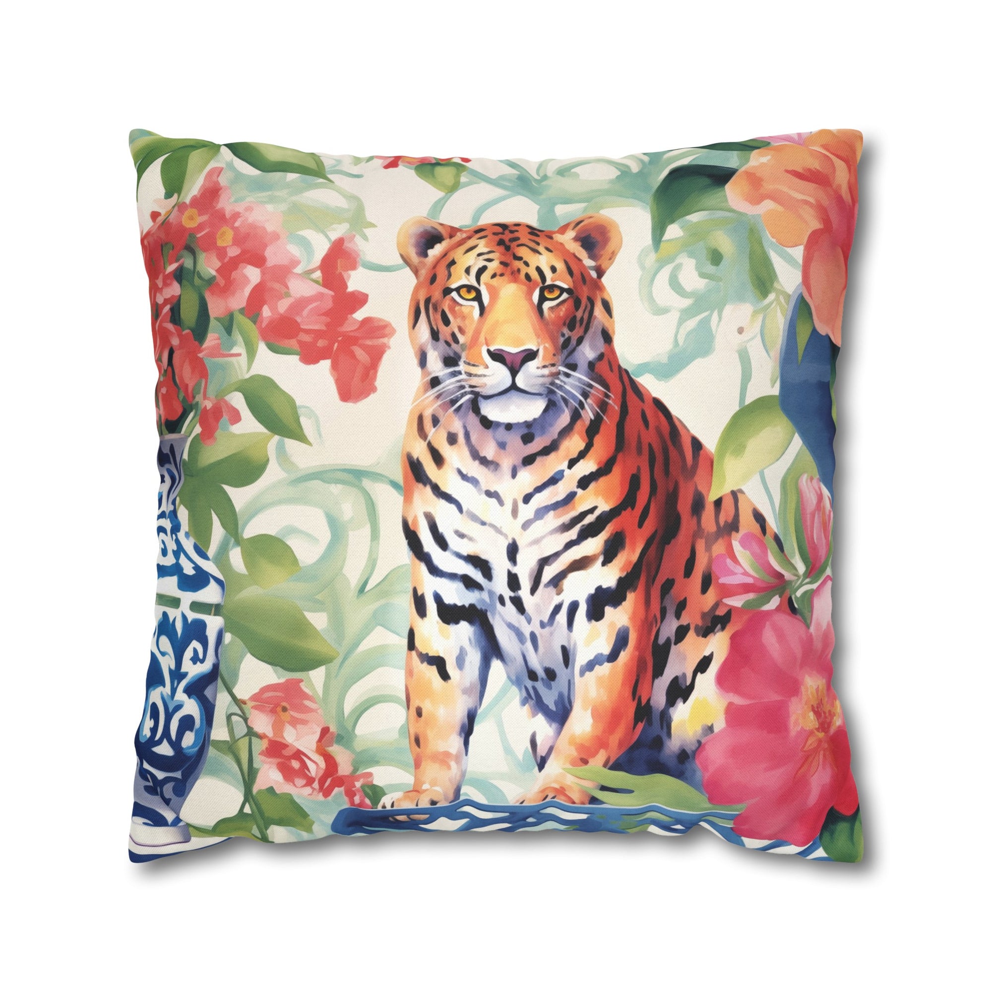 Spun Polyester Square Pillowcase -Tiger’s Garden