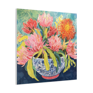 Pink Protea with Orange Spider Mums in Chinoiserie - Available in 4 Sizes - Matte Canvas