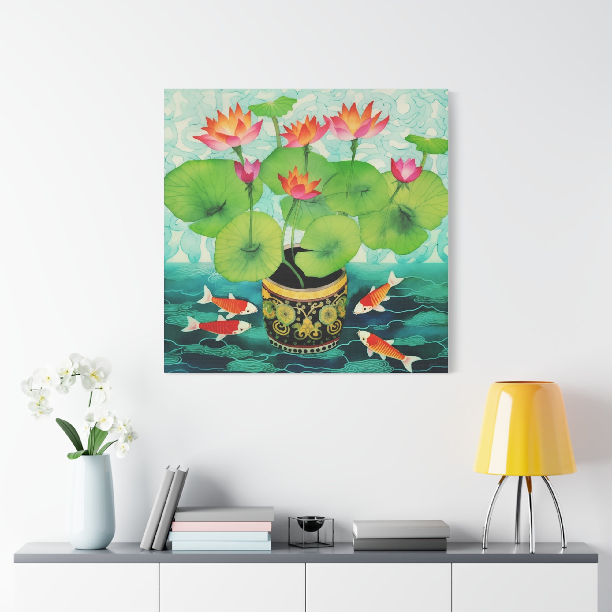 Koi With Lotus Pot - Available in 4 Sizes - Matte Canvas