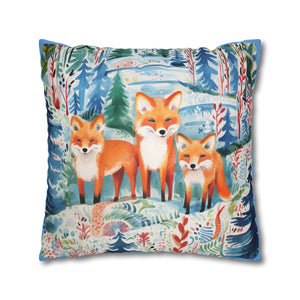 Spun Polyester Square Pillowcase -Mystical Fox Trio Enchanted Gazes