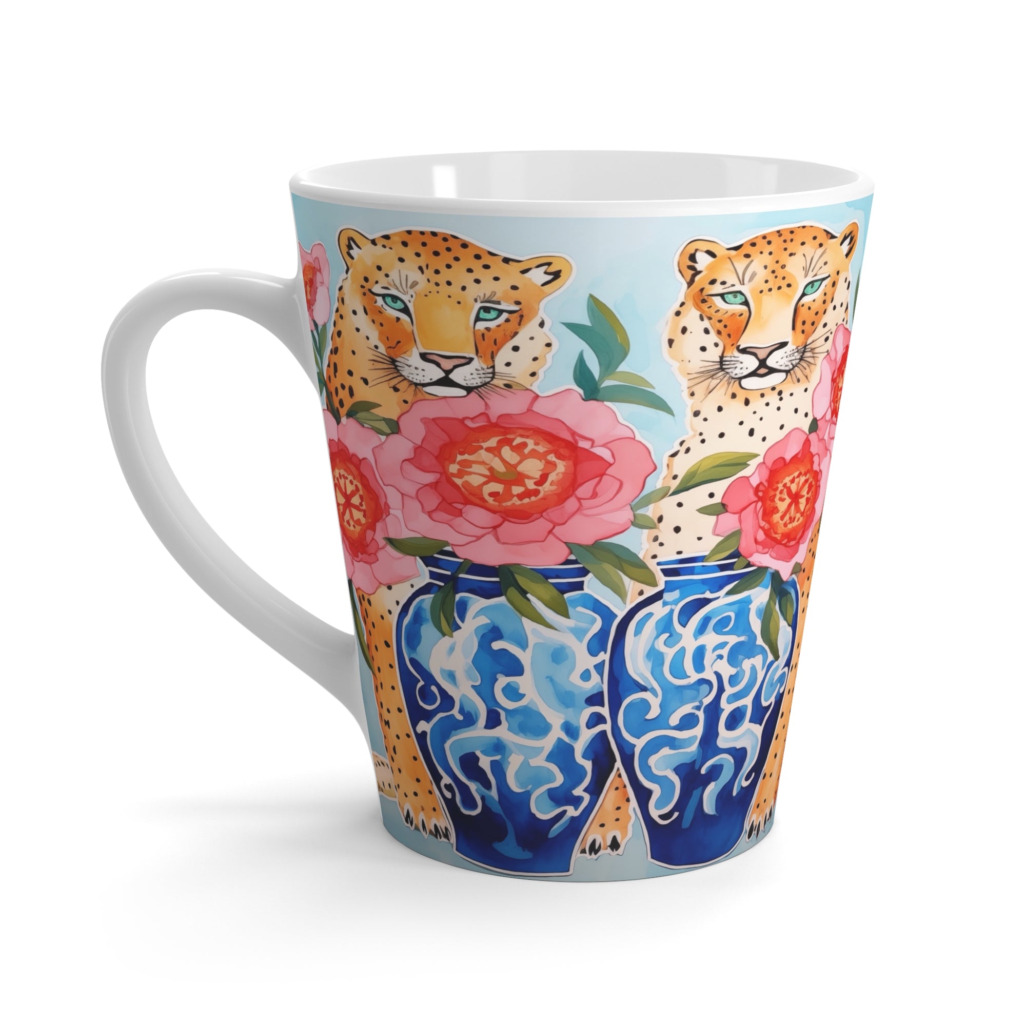 Latte Mug - Serengeti Cheetahs with Peonies and Chinoiserie Vase