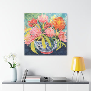 Pink Protea with Orange Spider Mums in Chinoiserie - Available in 4 Sizes - Matte Canvas