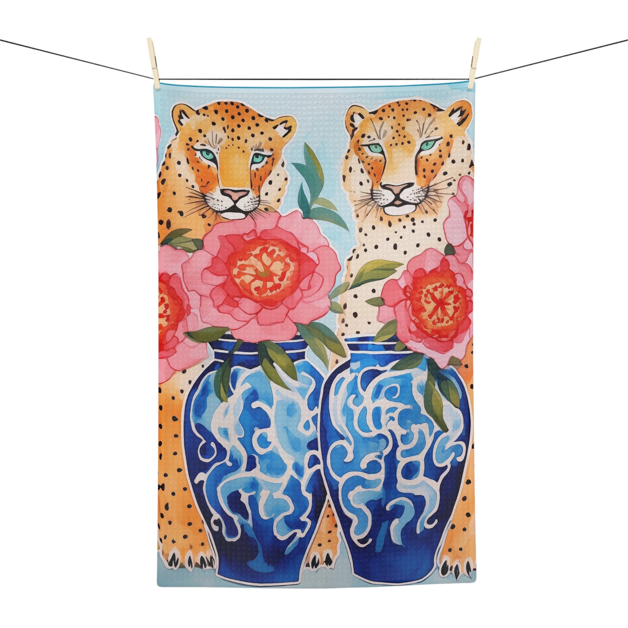 Microfiber Tea Towel - Serengeti Cheetahs and Chinoiserie