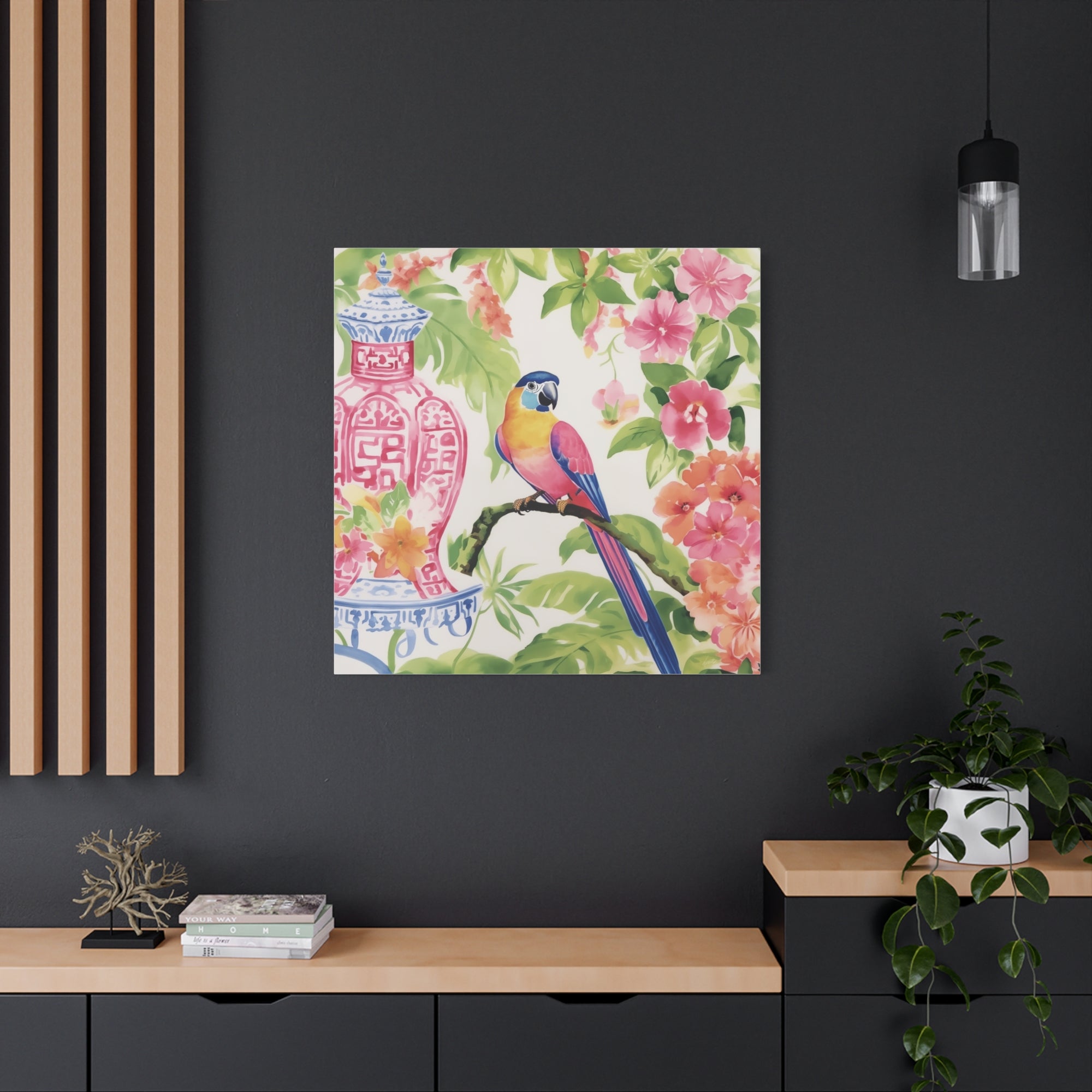 Parrot, Hibiscus and Chinoiserie - Available in 4 Sizes - Matte Canvas