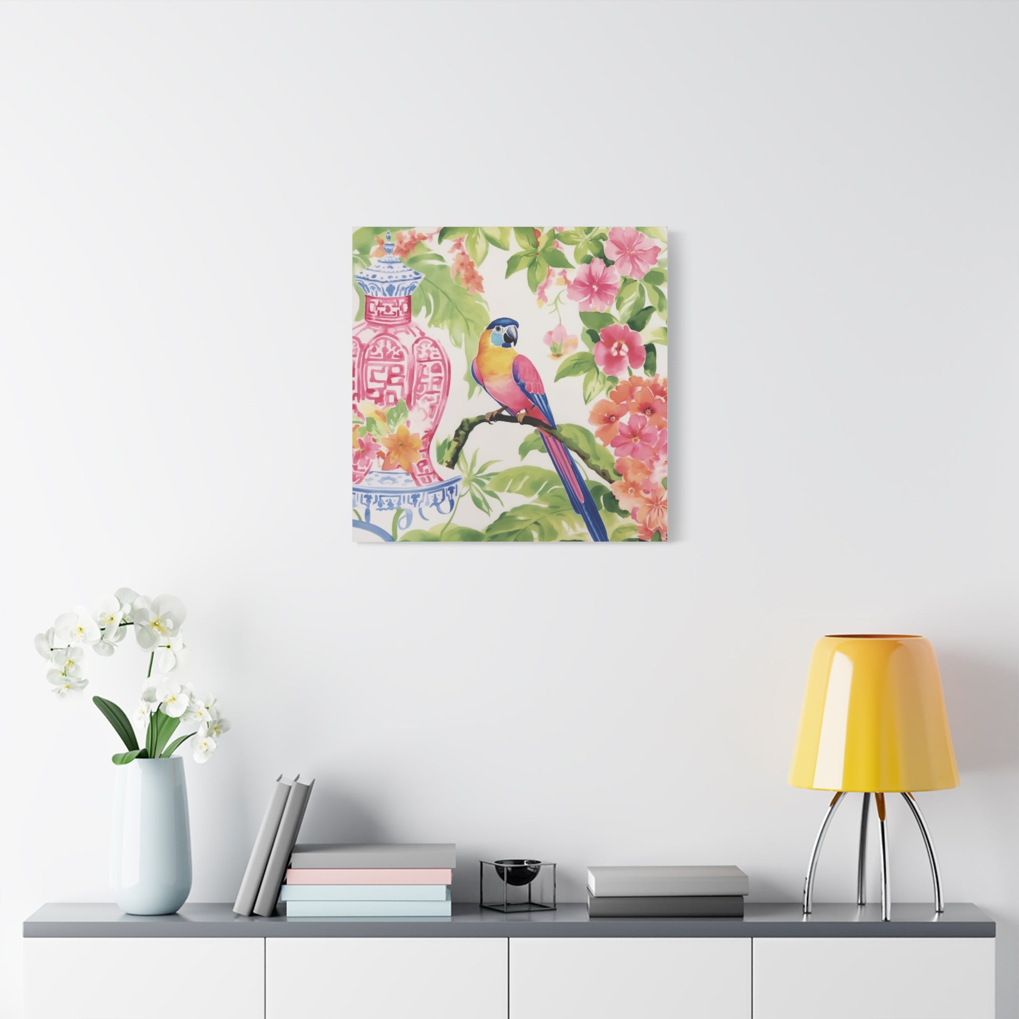 Parrot, Hibiscus and Chinoiserie - Available in 4 Sizes - Matte Canvas