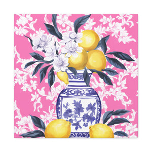 Lemons in Chinoiserie with Pink Chintz Wallpaper  -  Available in 4 Sizes - Matte Canvas