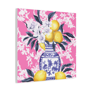 Lemons in Chinoiserie with Pink Chintz Wallpaper  -  Available in 4 Sizes - Matte Canvas