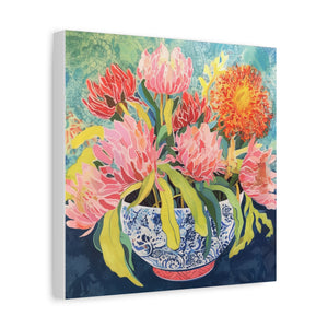 Pink Protea with Orange Spider Mums in Chinoiserie - Available in 4 Sizes - Matte Canvas