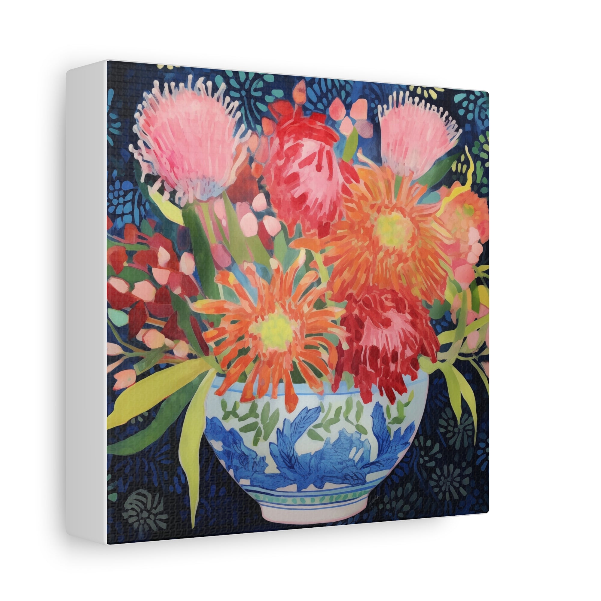 Protea, Mum, Aster in Blue and White Chinoiserie Bow - Available in 4 Sizes - Matte Canvas