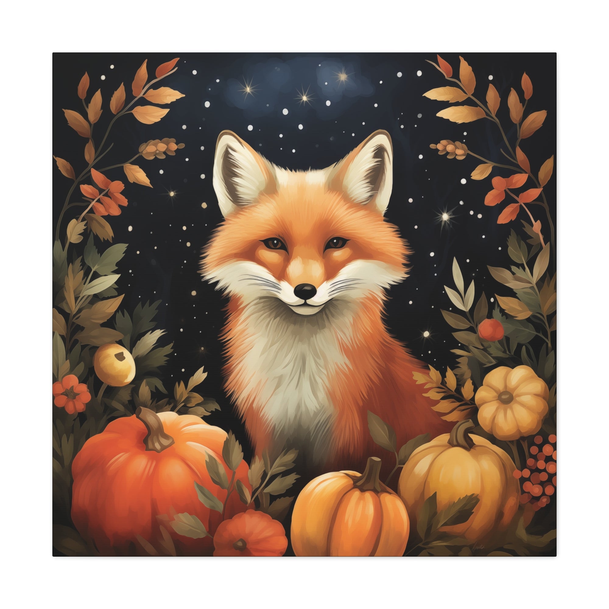 Fox in Starry Pumpkin Patch - Available in 4 Sizes - Matte Canvas