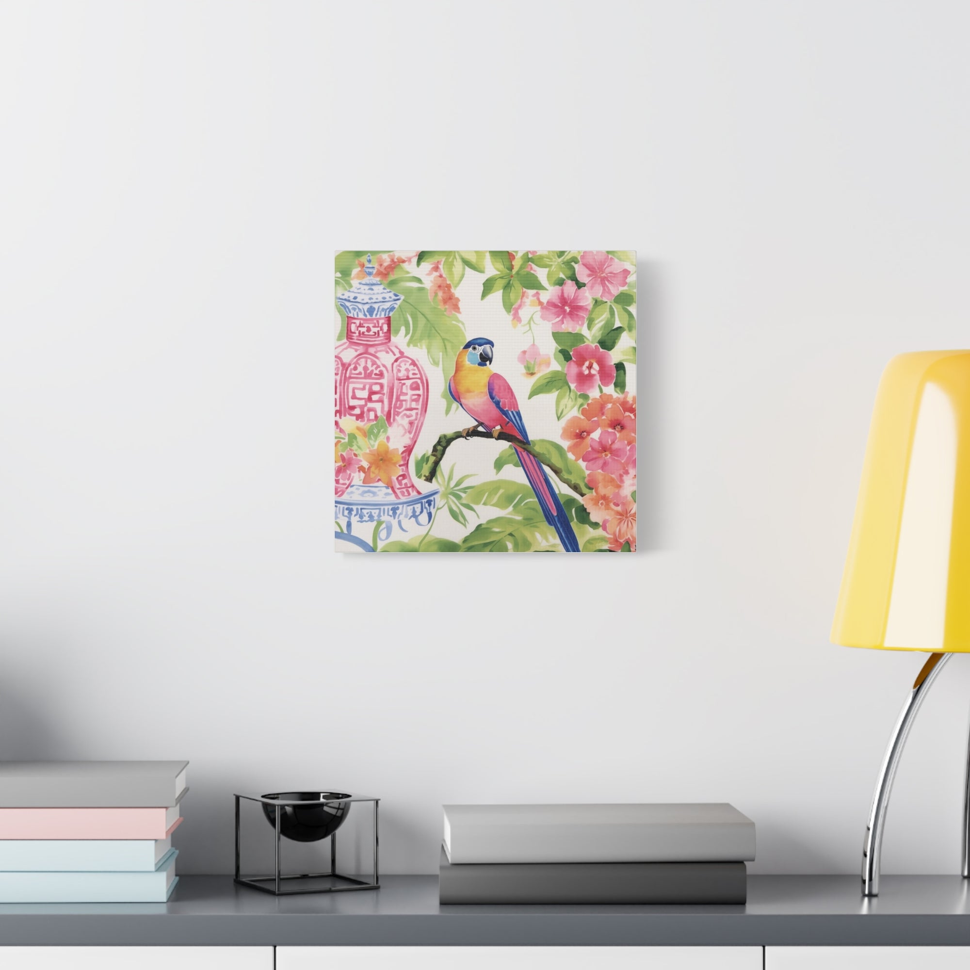 Parrot, Hibiscus and Chinoiserie - Available in 4 Sizes - Matte Canvas