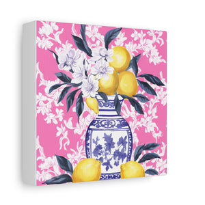 Lemons in Chinoiserie with Pink Chintz Wallpaper  -  Available in 4 Sizes - Matte Canvas