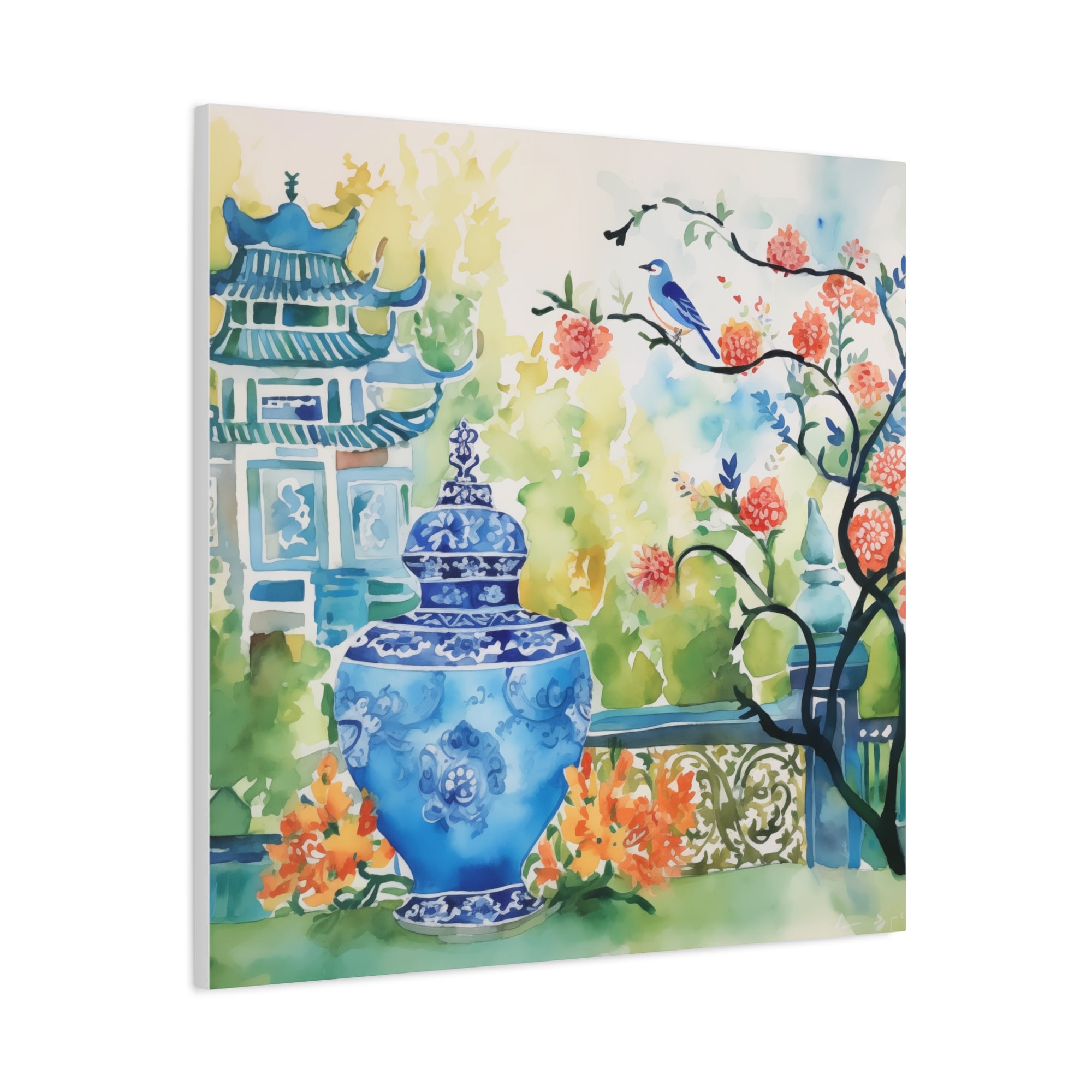 Pagoda with Blue Bird, Blossoms and Chinoiserie  - Available in 4 sizes - Matte Canvas