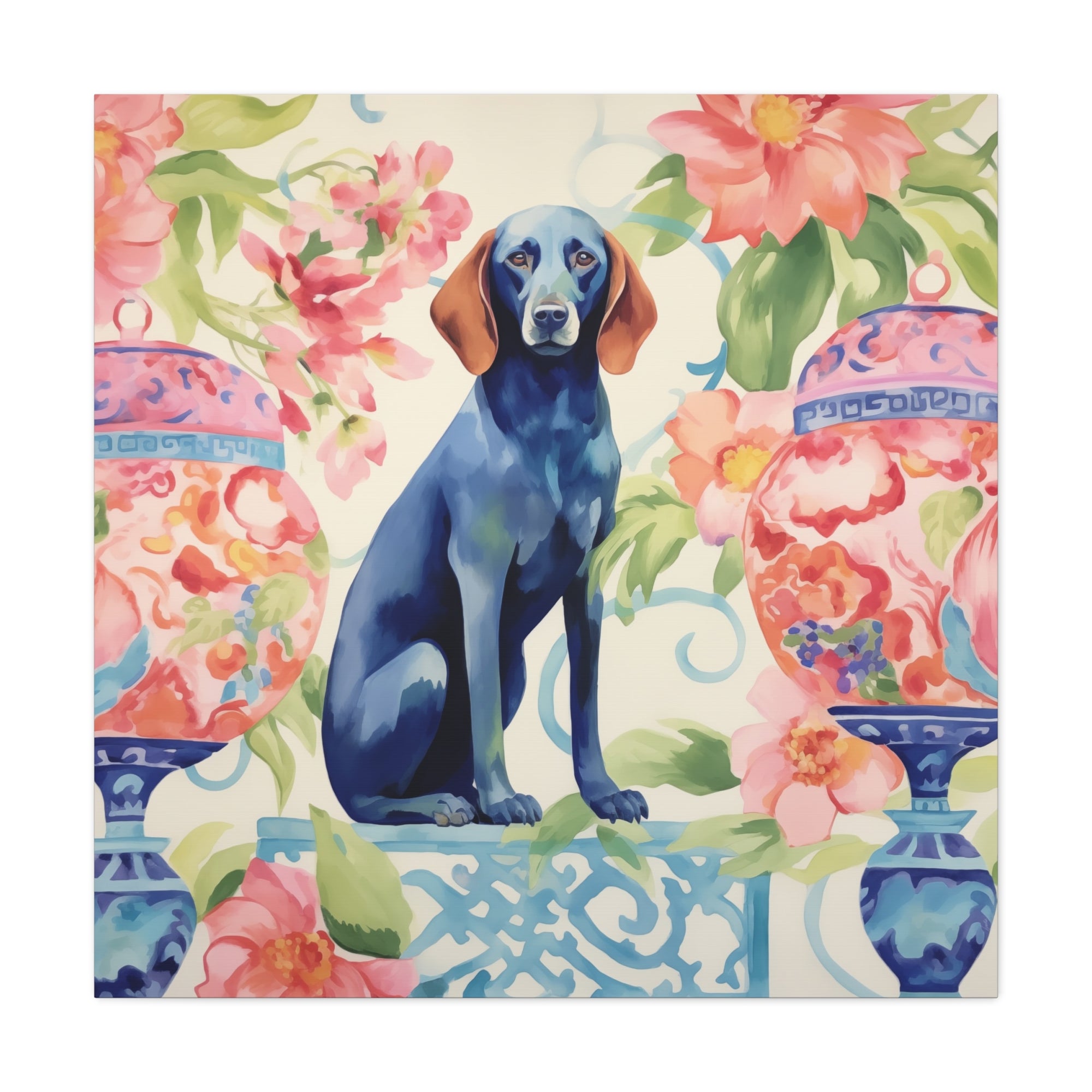 Blue-Noiserie -Blue Dog in Chinoiserie Room - Available in 4 sizes - Matte Canvas