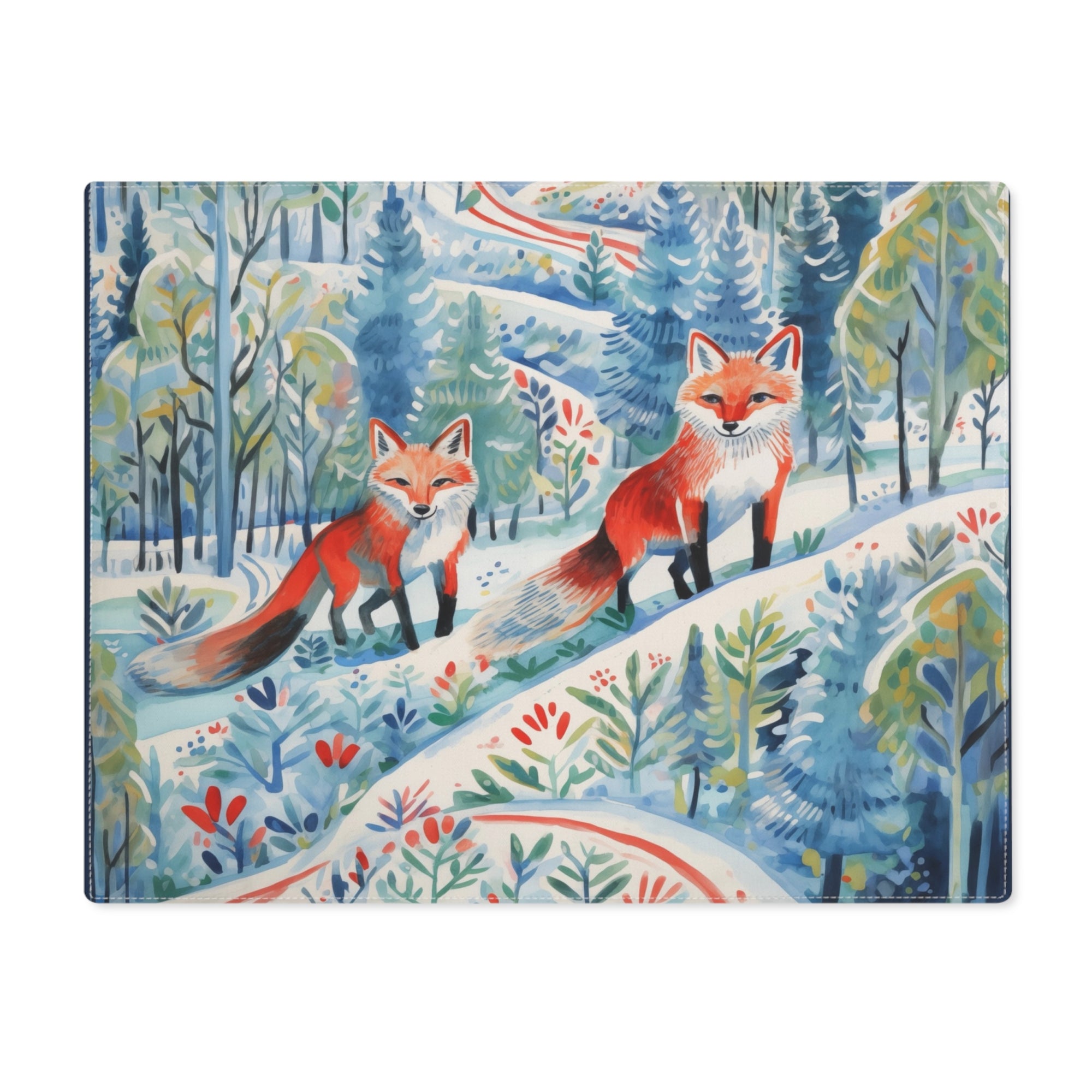 Placemat, 1pc - Foxes Snowy Sojourn, winter placemat, snowy trail, red fox, place mat, table, nature, winter wonderland, fox trail, table scape, tabletop