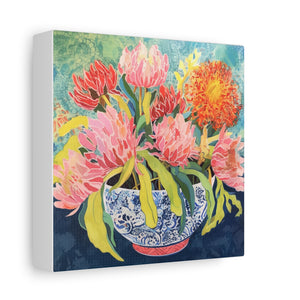 Pink Protea with Orange Spider Mums in Chinoiserie - Available in 4 Sizes - Matte Canvas