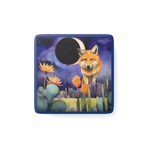 Desert Eclipse with Fox - personalization option - Porcelain Magnet, Square, kitchen magnet, magnet for fridge, eclipse, fox, desert, cactus, cacti