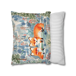 Spun Polyester Square Pillowcase - Fox Friends Trail