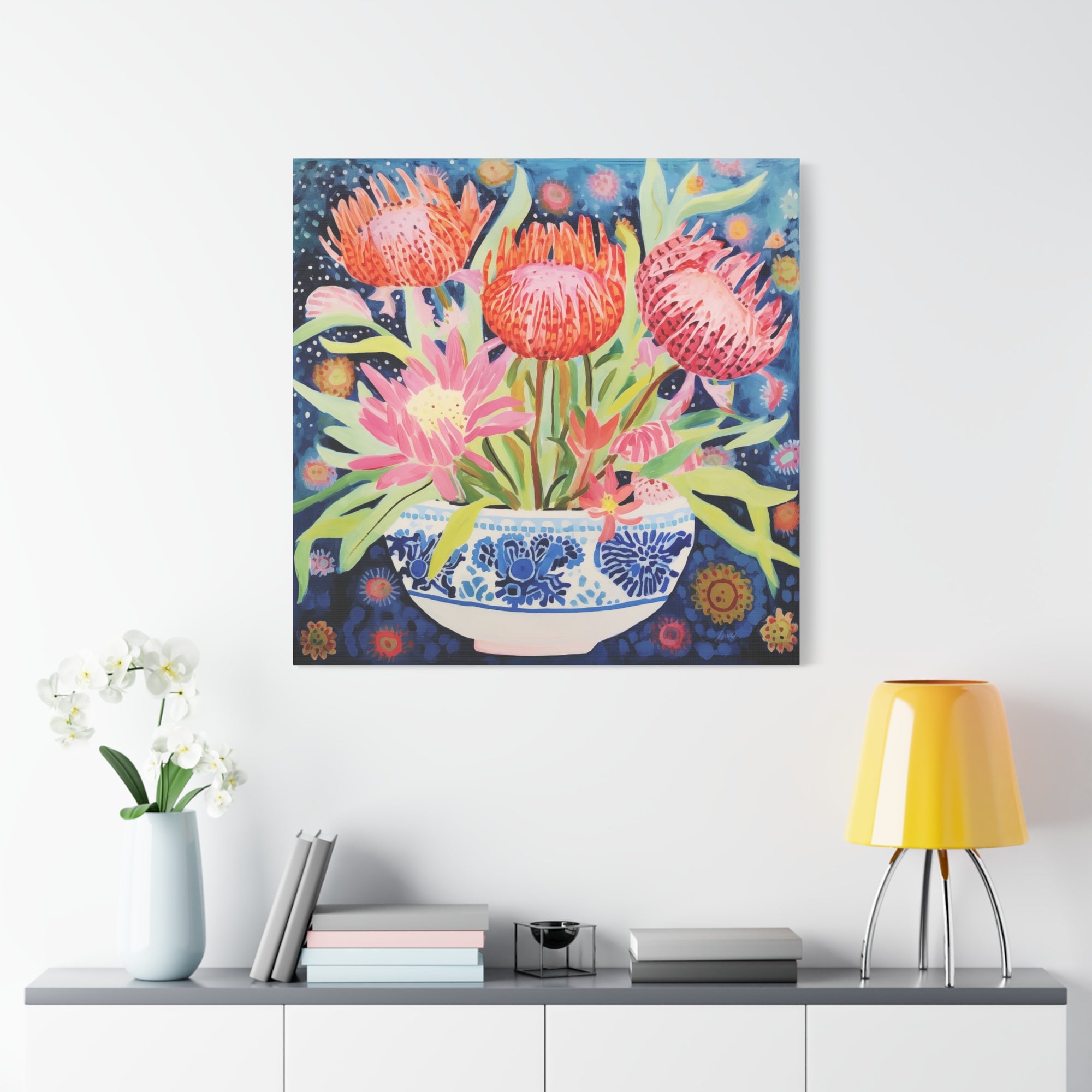 Starlit Proteas in Chinoiserie Bowl  - Available in 4 Sizes - Matte Canvas