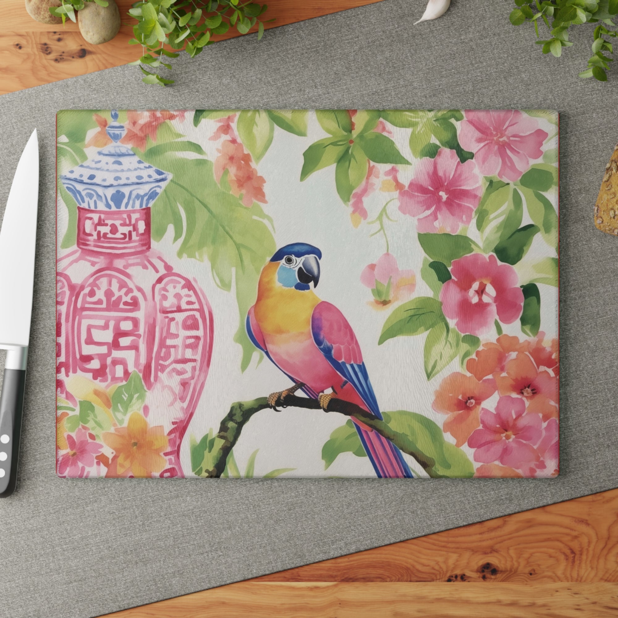 Cutting Board - Parrot, Hibiscus & Chinoiserie - Personalization Optional