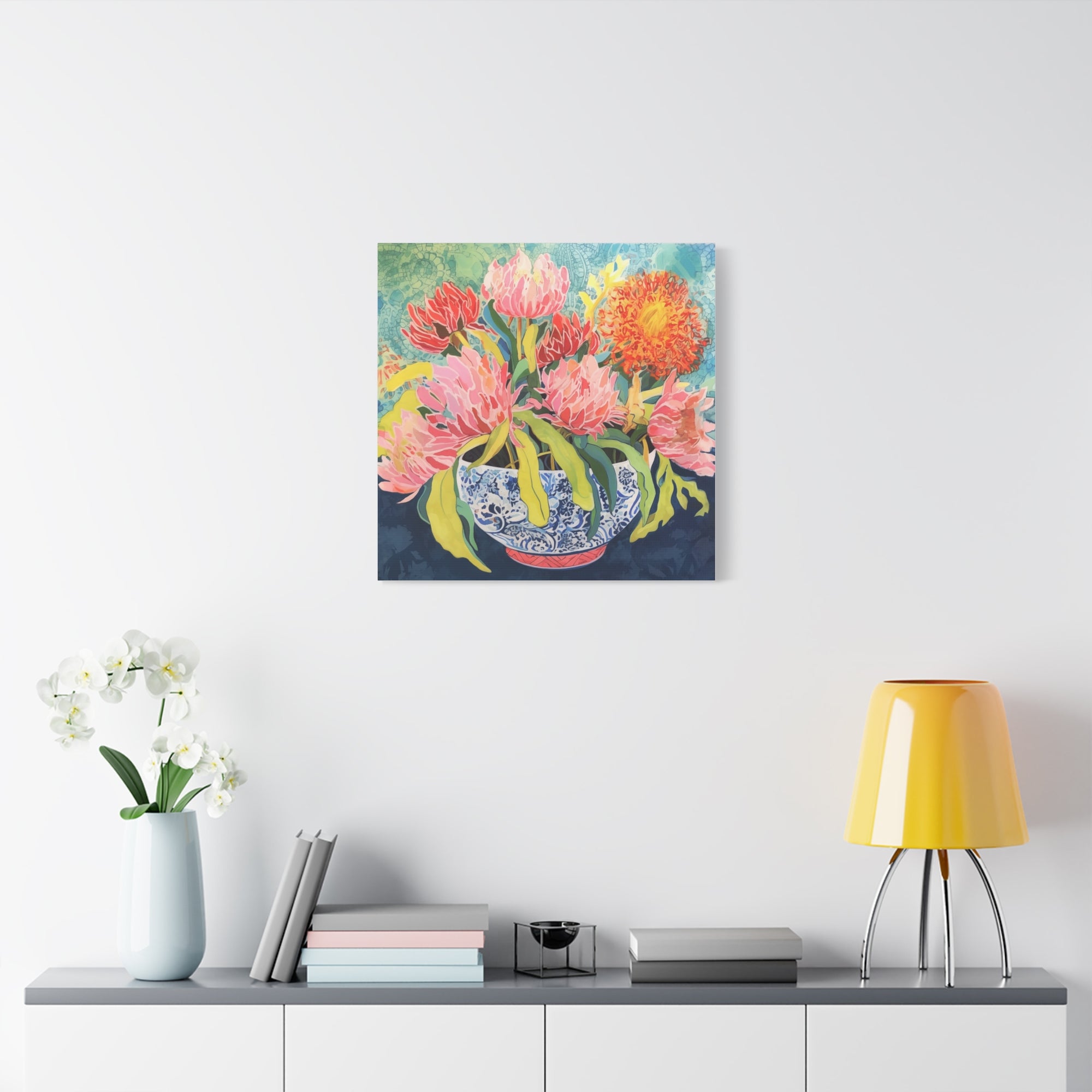 Pink Protea with Orange Spider Mums in Chinoiserie - Available in 4 Sizes - Matte Canvas