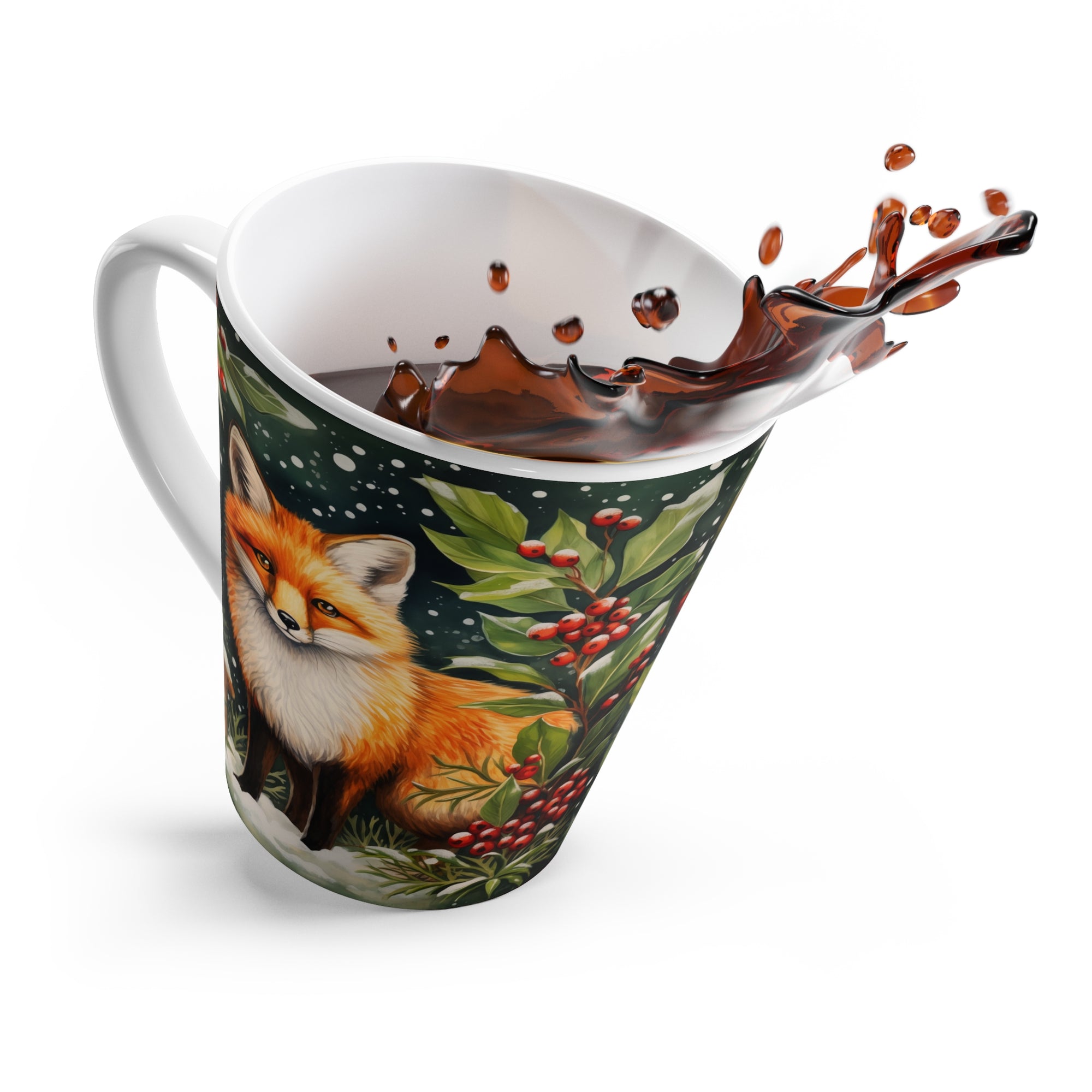 Latte Mug - Snowy Hollies With Fox