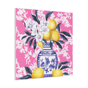 Lemons in Chinoiserie with Pink Chintz Wallpaper  -  Available in 4 Sizes - Matte Canvas