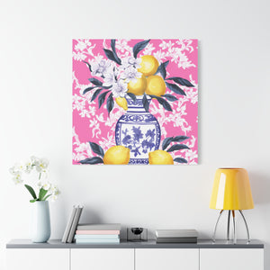 Lemons in Chinoiserie with Pink Chintz Wallpaper  -  Available in 4 Sizes - Matte Canvas