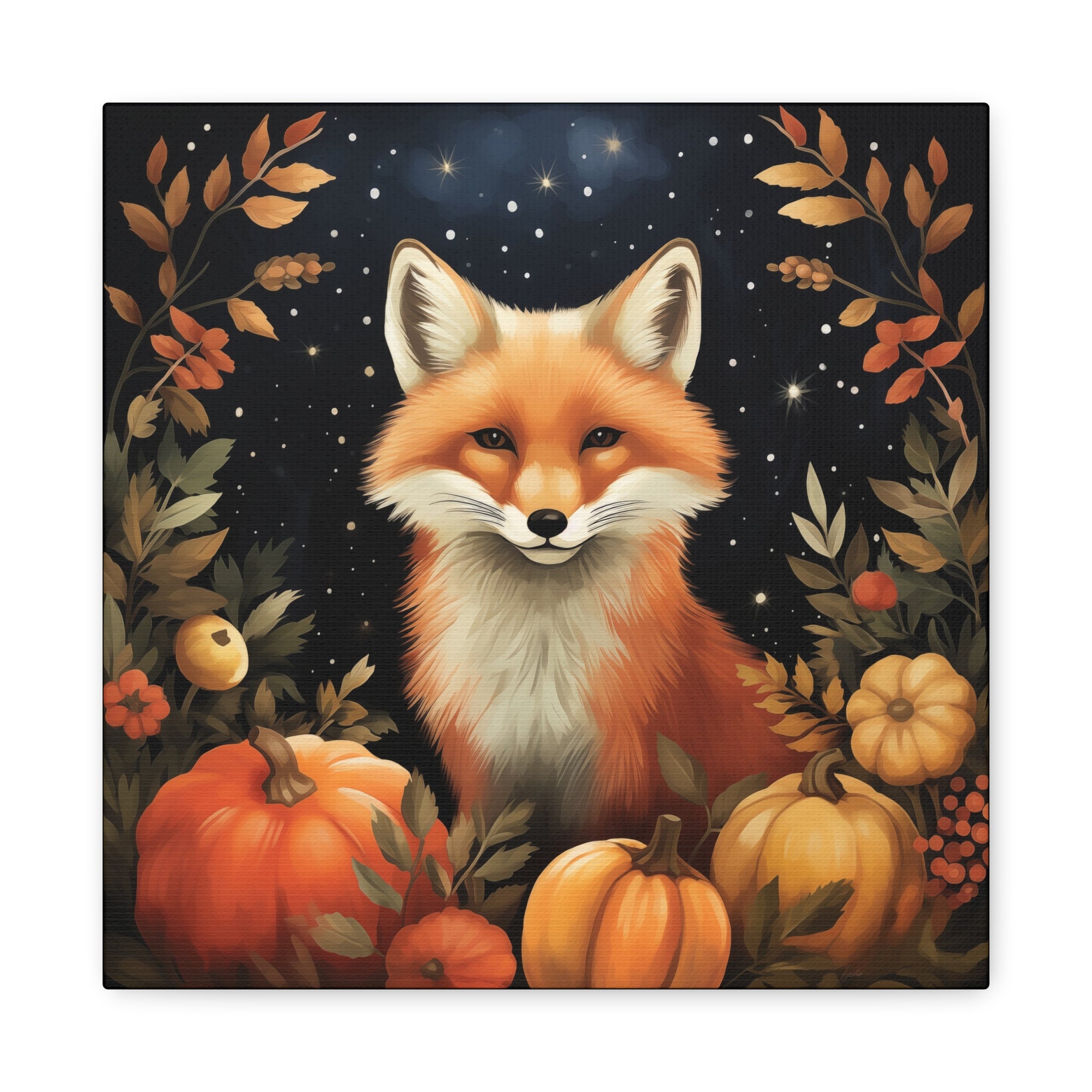 Fox in Starry Pumpkin Patch - Available in 4 Sizes - Matte Canvas