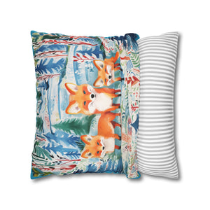 Spun Polyester Square Pillowcase -Mystical Fox Trio Enchanted Gazes