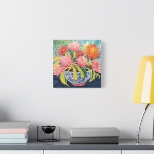 Pink Protea with Orange Spider Mums in Chinoiserie - Available in 4 Sizes - Matte Canvas