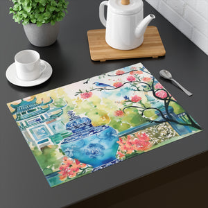 Placemat, 1pc - Pagoda, Bluebird, Cherry Blossom, Chinoiserie, tea house, tea ceremony, place mat, table mat, tabletop mat, Chinoiserie table setting