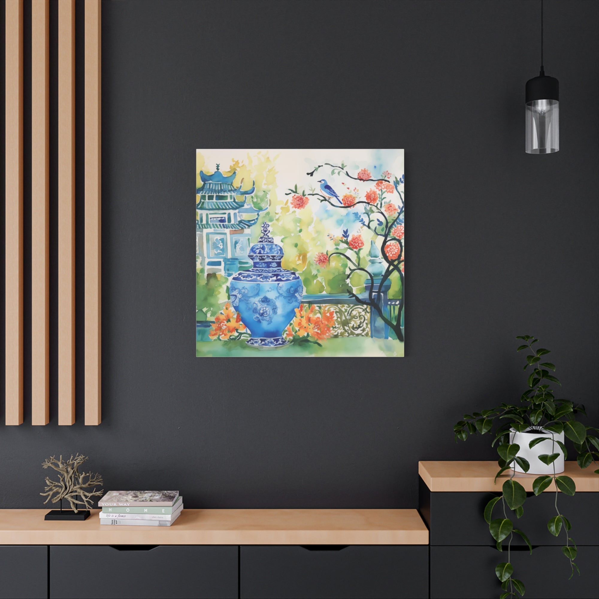 Pagoda with Blue Bird, Blossoms and Chinoiserie  - Available in 4 sizes - Matte Canvas