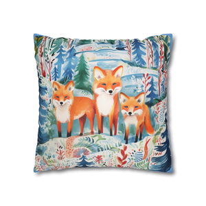 Spun Polyester Square Pillowcase -Mystical Fox Trio Enchanted Gazes