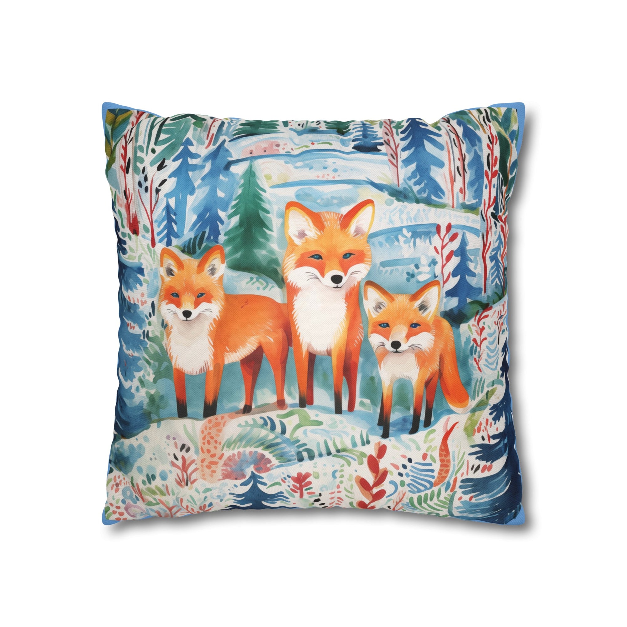 Spun Polyester Square Pillowcase - Foxes Snowy Sojourn