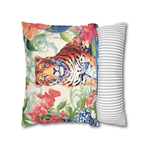 Spun Polyester Square Pillowcase -Tiger’s Garden