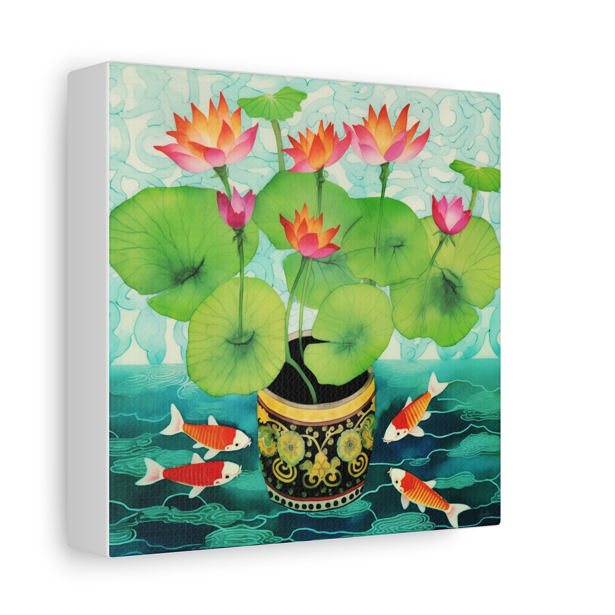 Koi With Lotus Pot - Available in 4 Sizes - Matte Canvas