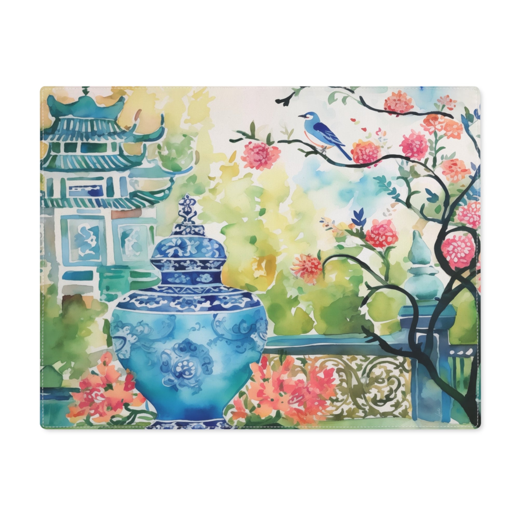 Placemat, 1pc - Pagoda, Bluebird, Cherry Blossom, Chinoiserie, tea house, tea ceremony, place mat, table mat, tabletop mat, Chinoiserie table setting