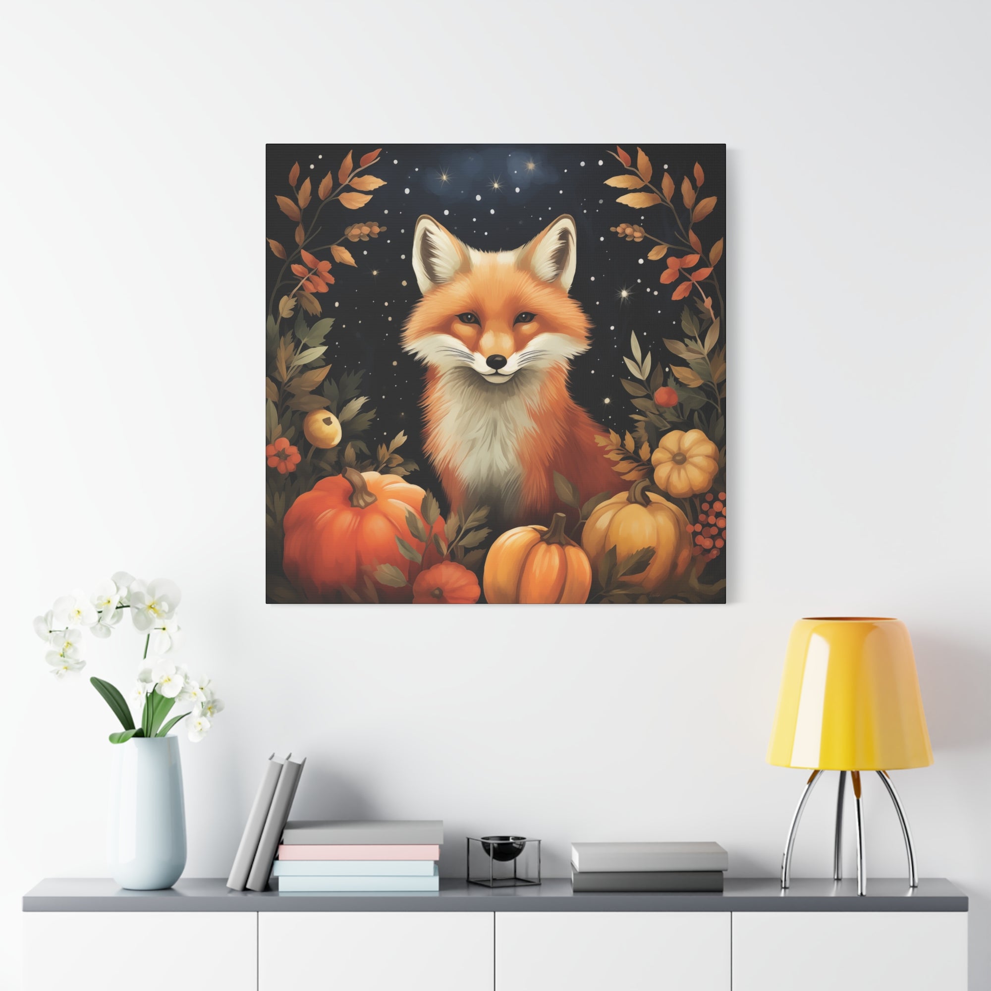 Fox in Starry Pumpkin Patch - Available in 4 Sizes - Matte Canvas