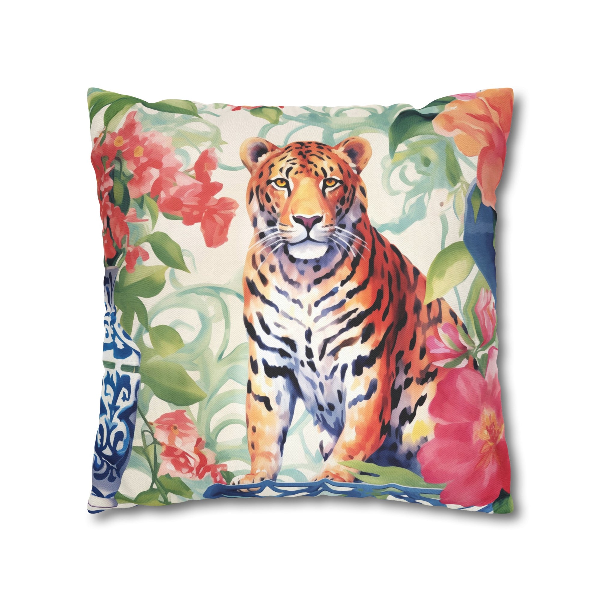 Spun Polyester Square Pillowcase -Tiger’s Garden