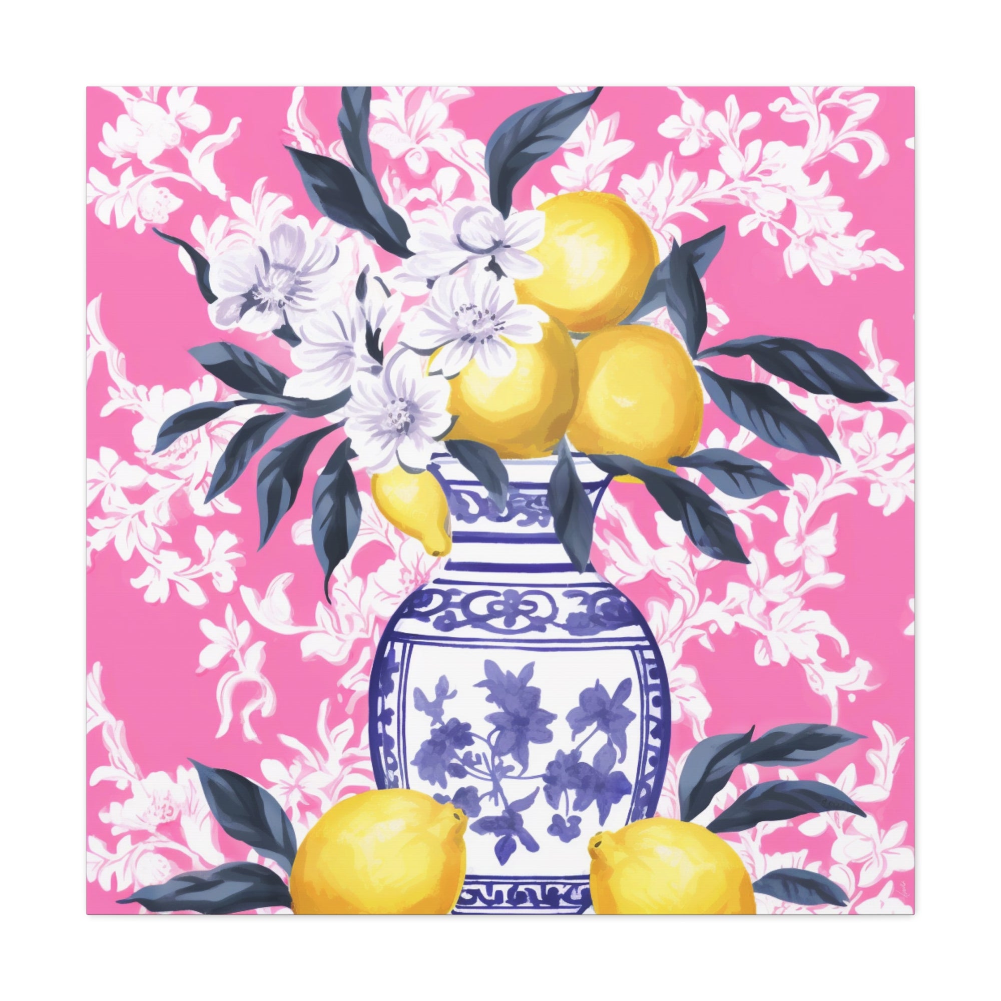 Lemons in Chinoiserie with Pink Chintz Wallpaper  -  Available in 4 Sizes - Matte Canvas