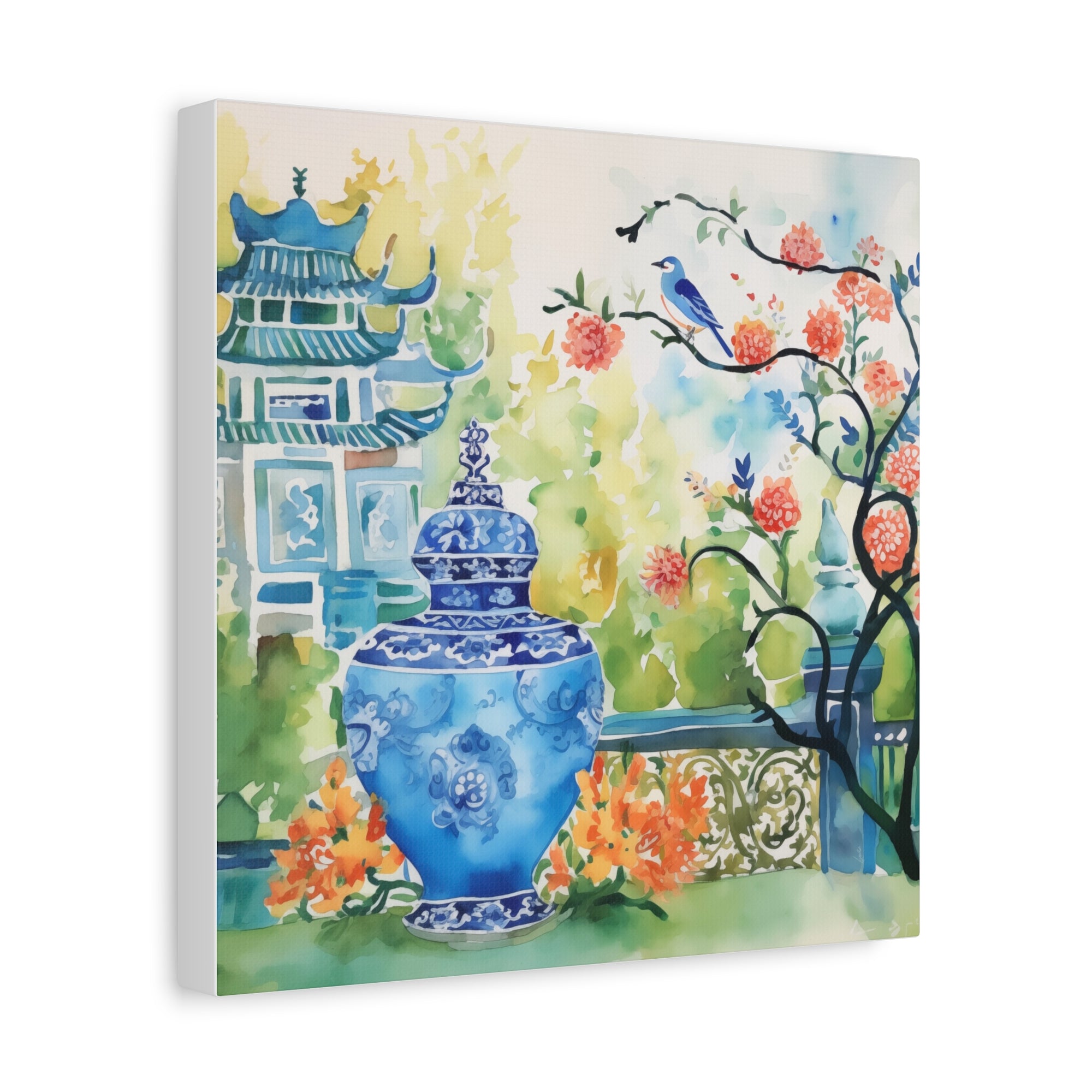 Pagoda with Blue Bird, Blossoms and Chinoiserie  - Available in 4 sizes - Matte Canvas