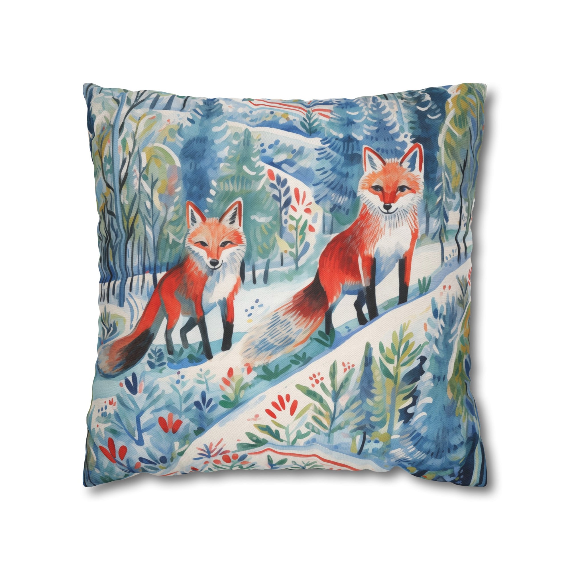 Spun Polyester Square Pillowcase - Foxes Snowy Sojourn