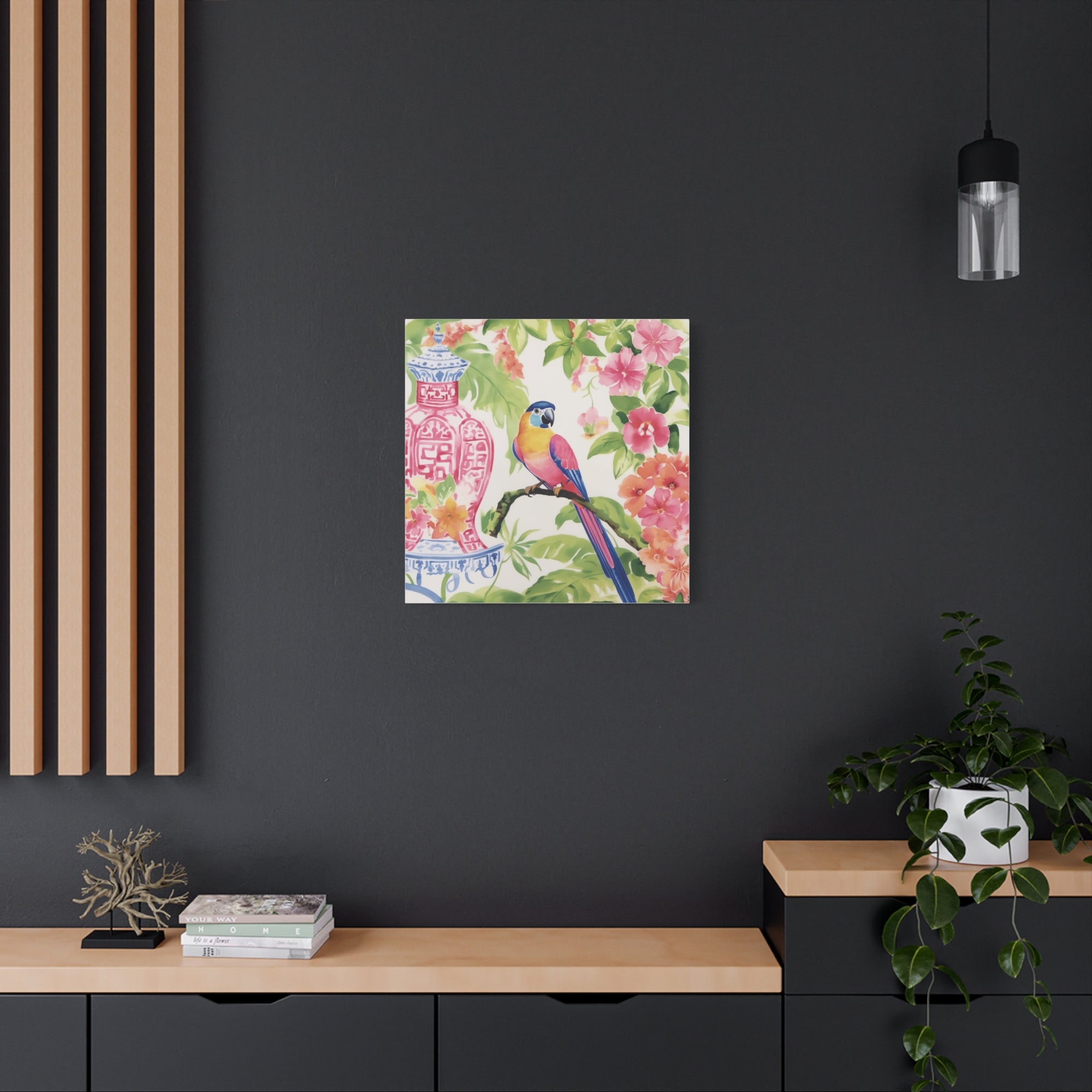 Parrot, Hibiscus and Chinoiserie - Available in 4 Sizes - Matte Canvas