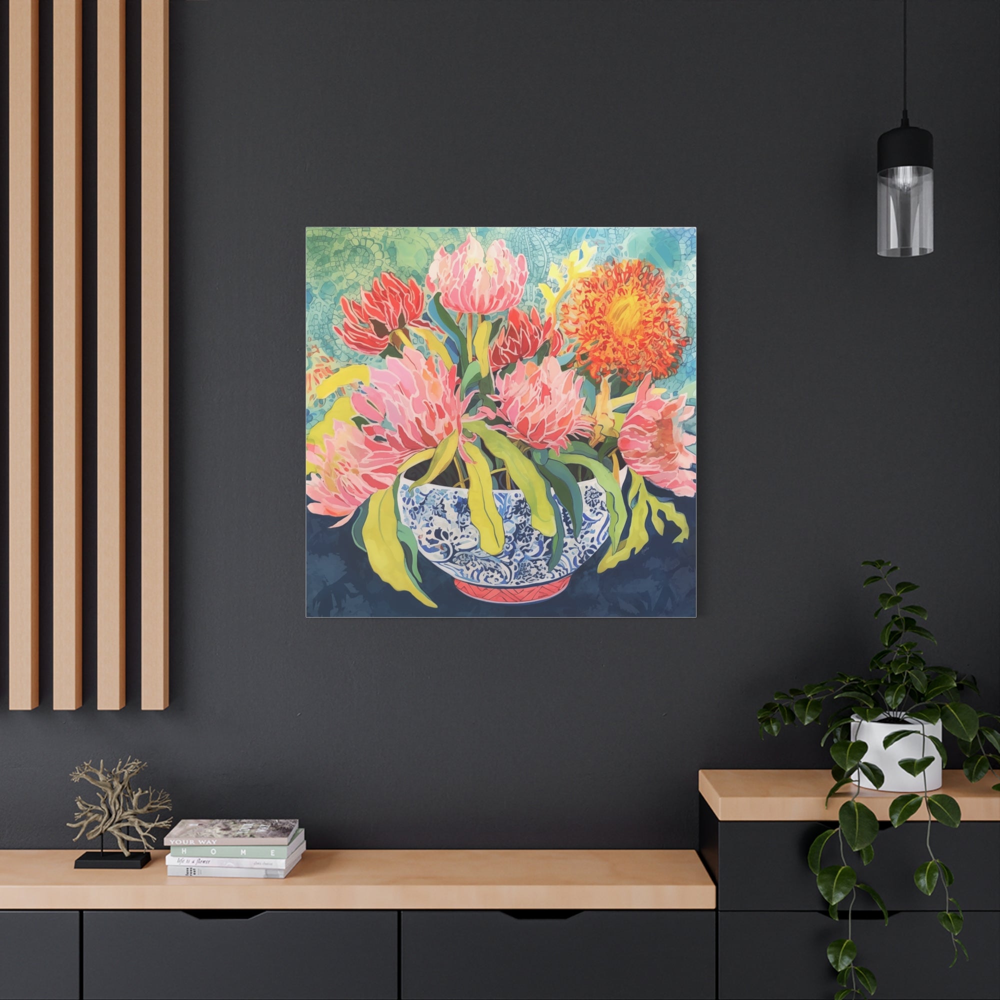 Pink Protea with Orange Spider Mums in Chinoiserie - Available in 4 Sizes - Matte Canvas