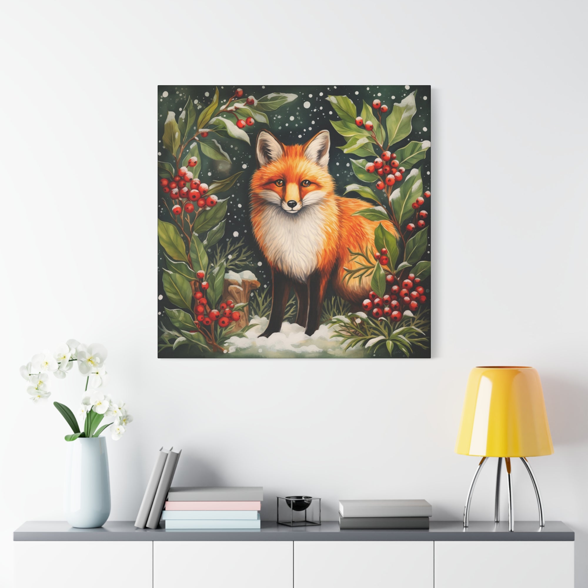 Snowy Hollies With Fox - Available in 4 Sizes - Matte Canvas