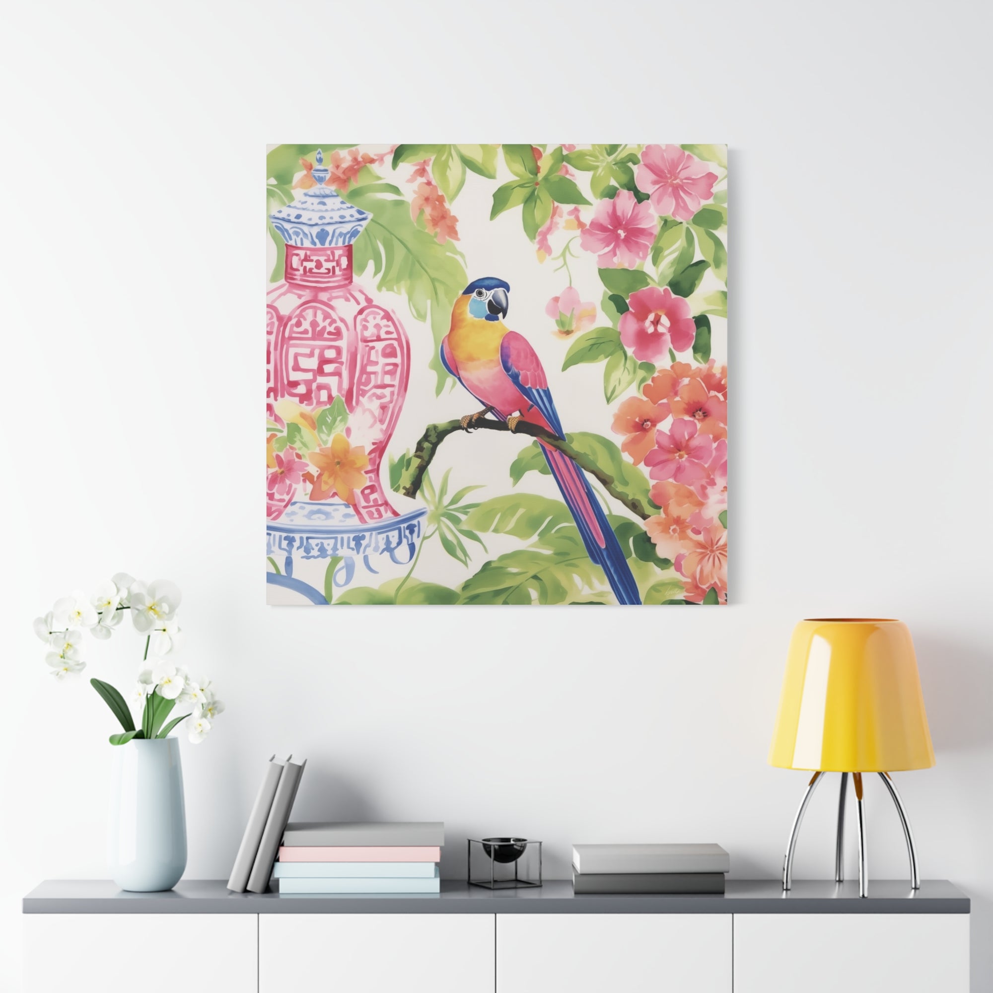 Parrot, Hibiscus and Chinoiserie - Available in 4 Sizes - Matte Canvas