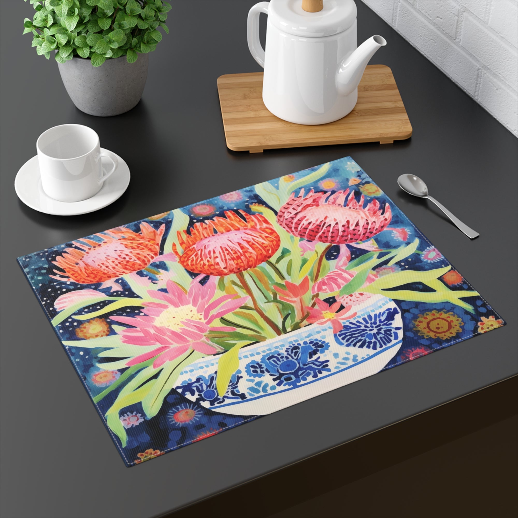 Placemat, 1pc - Starlit Proteas in Chinoiserie, protea, Chinoiserie table setting, place mat, table design, unique, beautiful, top pick